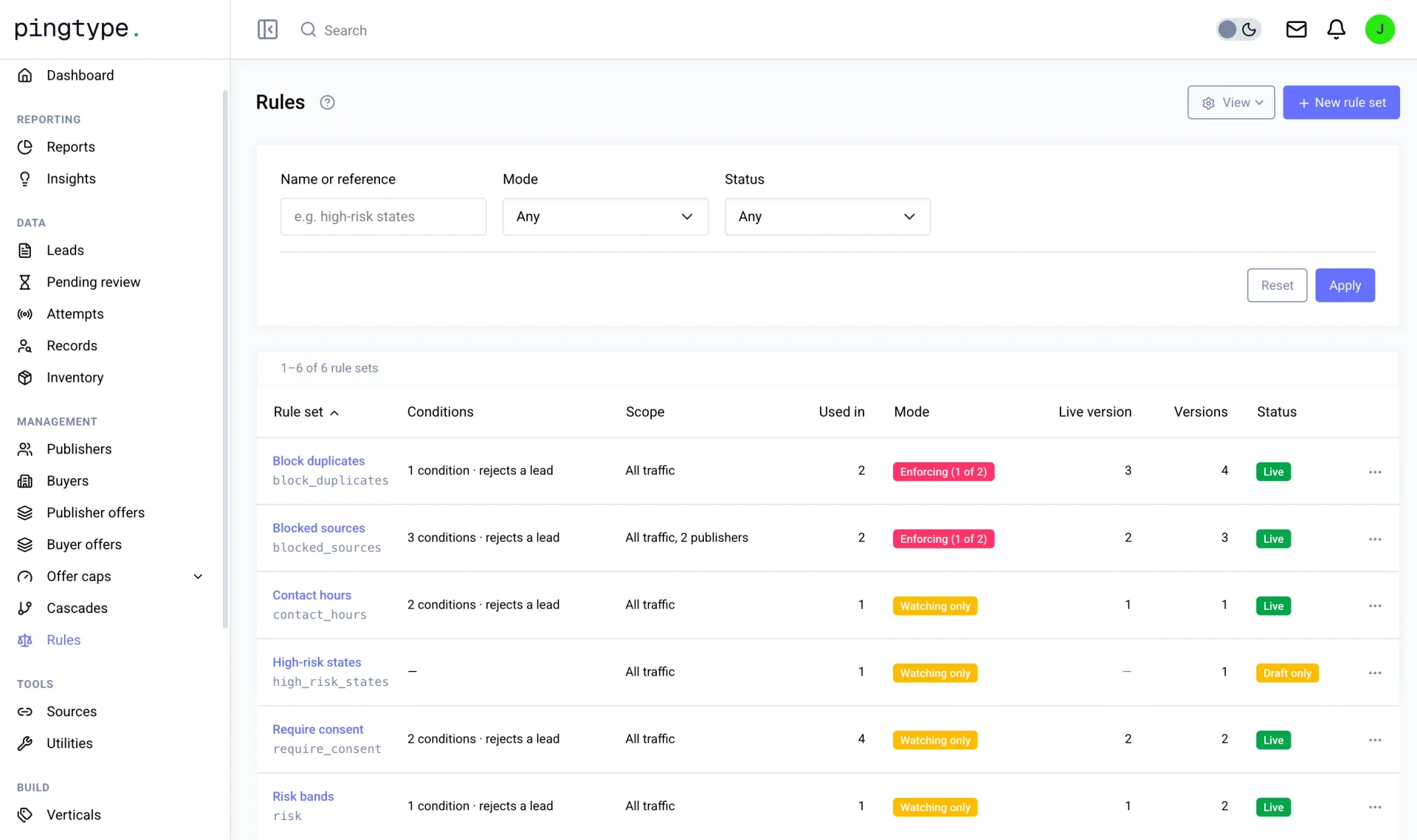 pingtype rules screen for filtering leads
